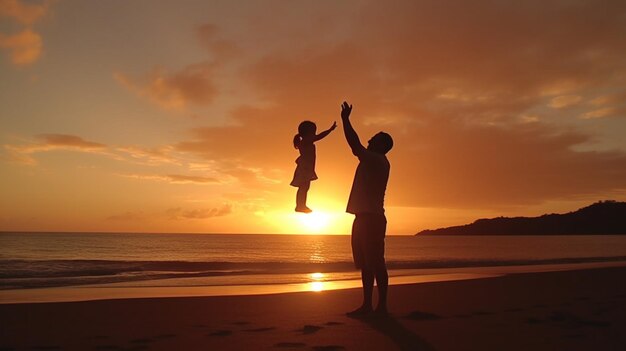 Отец подбрасывает своего ребенка в воздух на закате Генеративный ИИ
