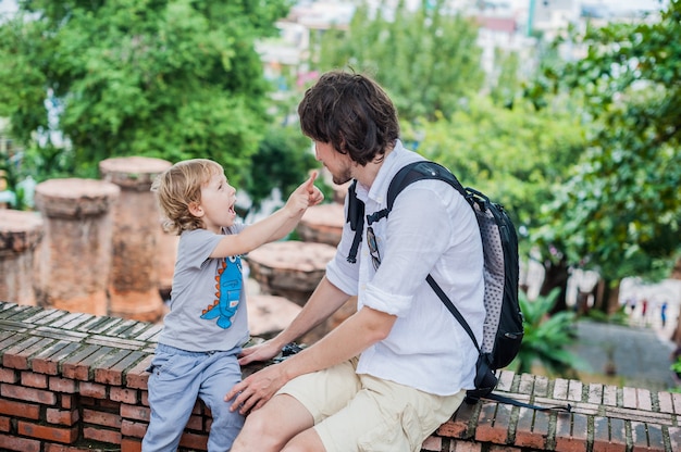 Father and Toddler Son tourists in Vietnam. Po Nagar Cham Tovers. 