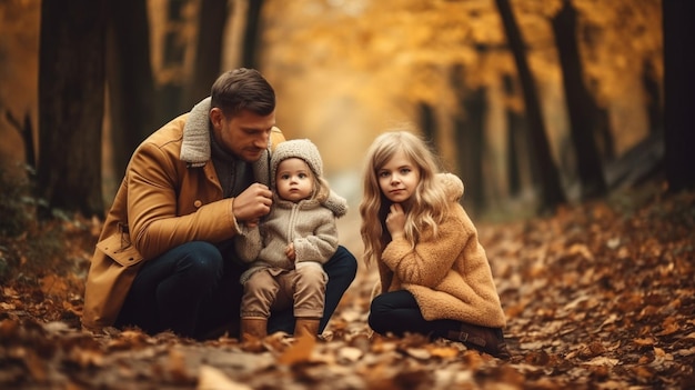 A father and two children sit on the ground in a park with autumn leaves.