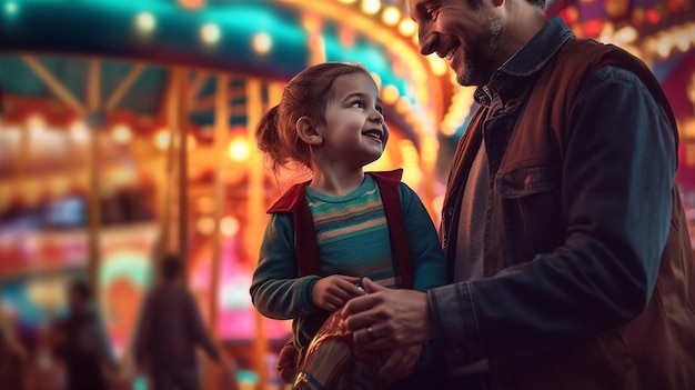 A father and two daughters walk in front of a carousel at night
