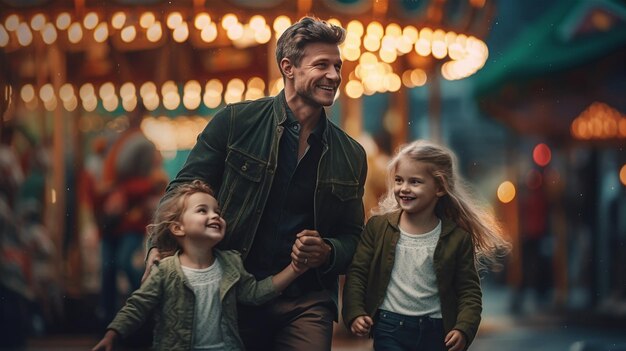 A father and two daughters walk in front of a carousel at night.