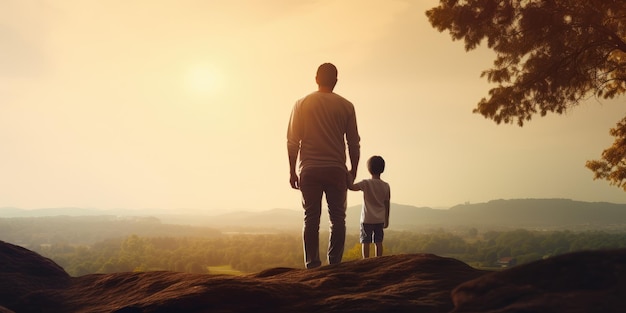 写真 日没時に息子と手をつないで歩く父 父の日のお祝いイメージ