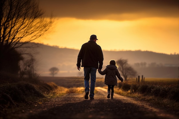 Photo father walking with his little daugther in park at sunset