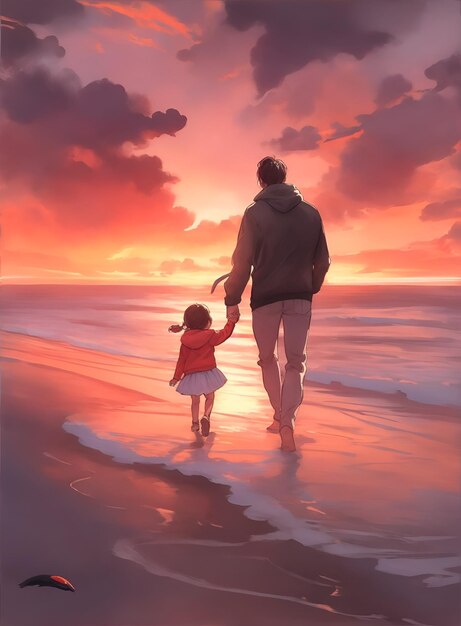 A father walking with his son on the beach