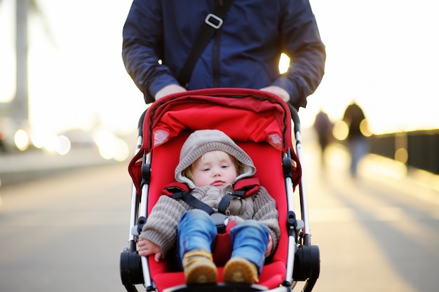 Father walking with his toddler son in stroller