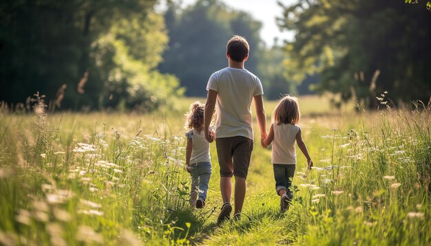 Father walking with two little daughters on a meadow