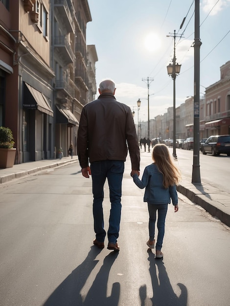 A father walks down the street with his daughter