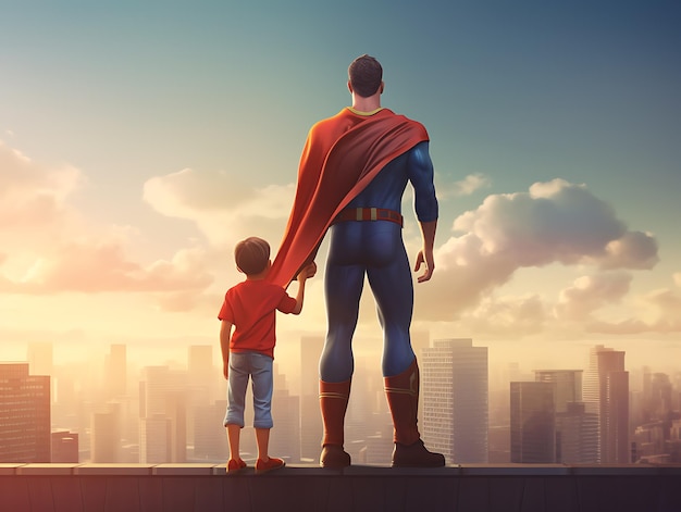 Father wearing superhero custom with son generative ai