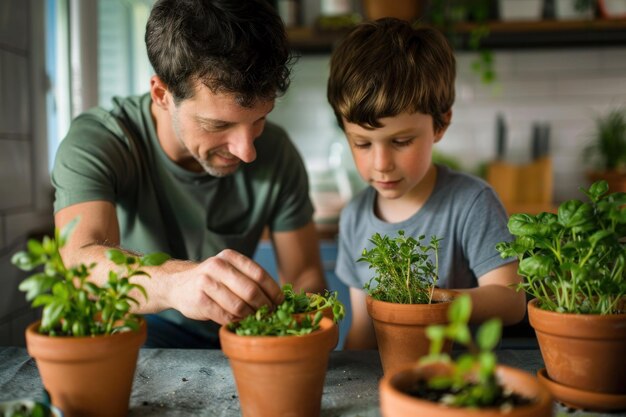 写真 家でハーブを植える男の子と父親