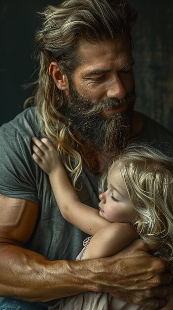 Photo father with beard and daughter