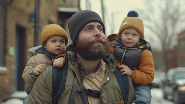 Photo a father with a beard is strolling with his young children