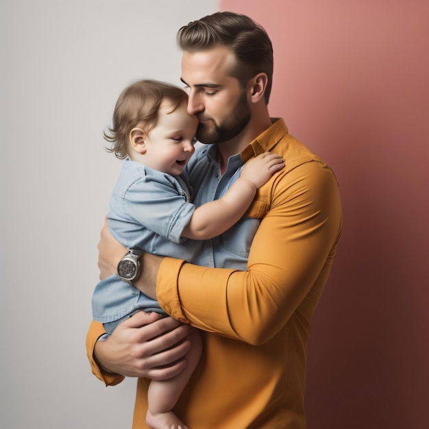 A Father with a beard and a yellow shirt is holding a baby