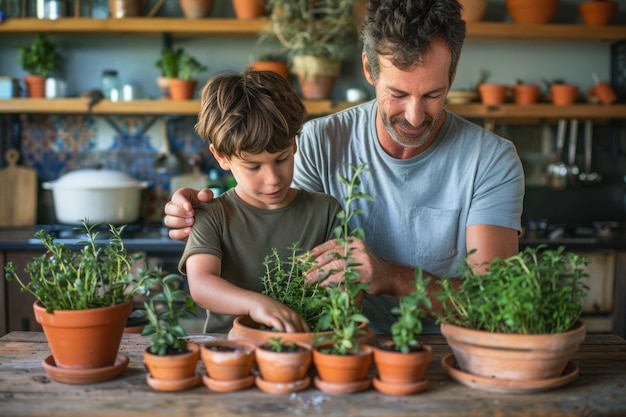 家でハーブを植える男の子と父親