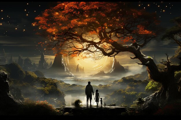 Father with a child in the evening fairy world