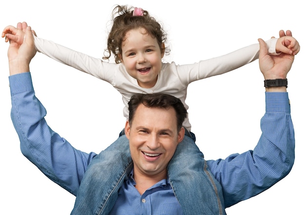 Father with daughter on piggyback isolated on white