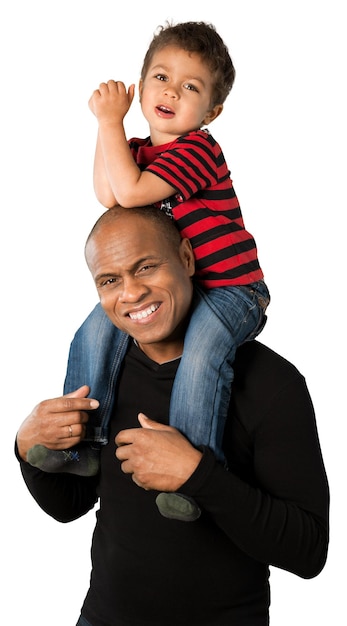 Photo father with daughter on piggyback isolated on white