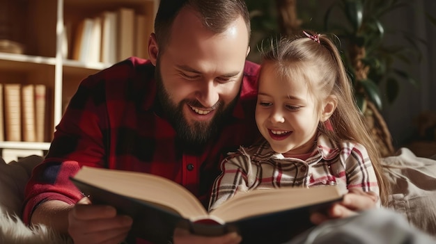 Photo father with down syndrome daughter reading book at home together