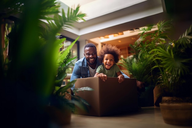 Father with happy son enjoy relocation day near carton box having fun after moving