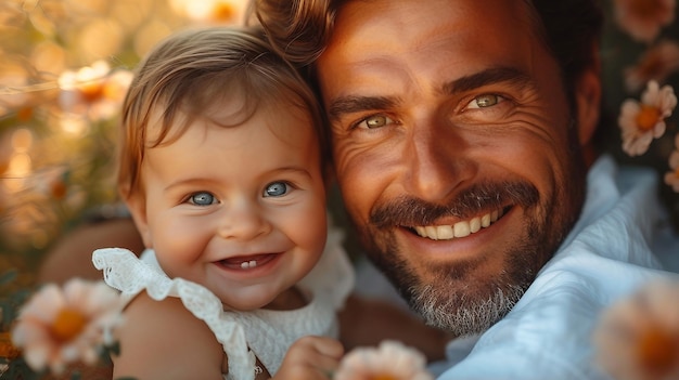 Photo a father with his baby both smiling joyfully ai generate illustration