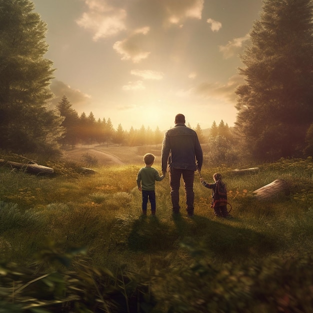 father with his children walking at the sun Father's day background Children with father