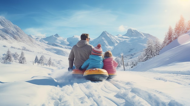 Father with kids tubing down a snowy hill with mountain backdrop rear view