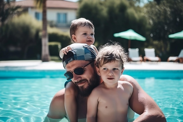 Father with two sons are sitting in a pool Fathers day