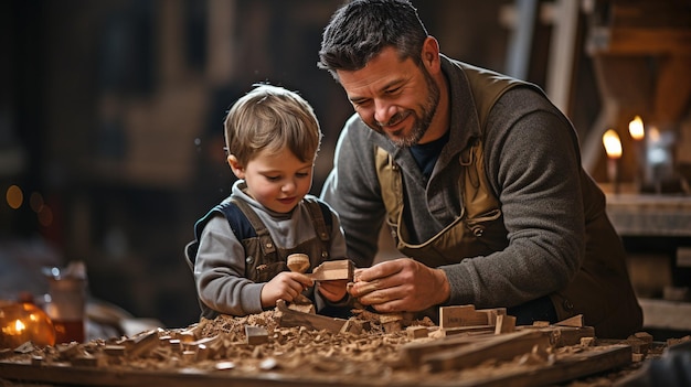 Photo father and young son construct a wooden frame home showing a child a building site is a male worker