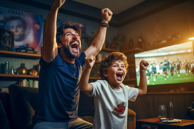 A father and a young son watch a professional football match on TV