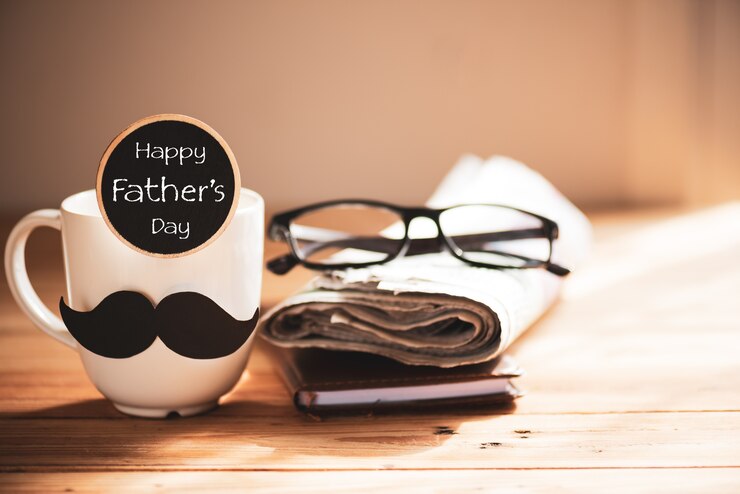 Fathers day accessories concept on wooden table background.