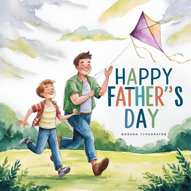 Fathers Day card with cute watercolor illustration of dad with son fly a kite and walking together