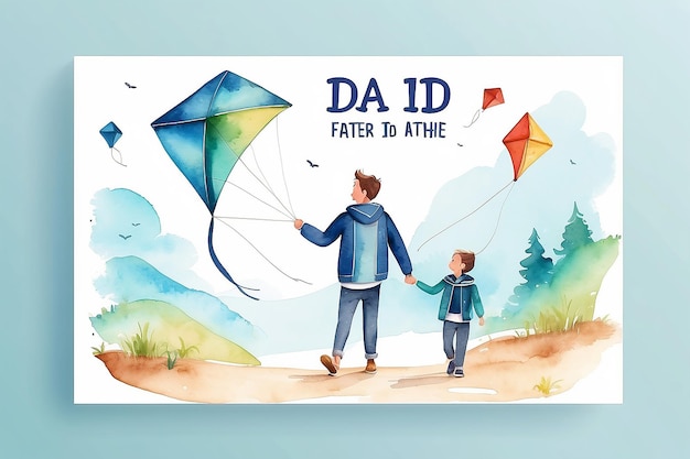 Foto cartella per la giornata dei padri con una carina ad acquerello di un padre e un figlio che fanno volare un aquilone e camminano insieme