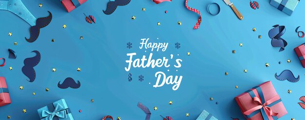 Fathers Day celebration background adorned with a gift box mug calendar mustache heart shape