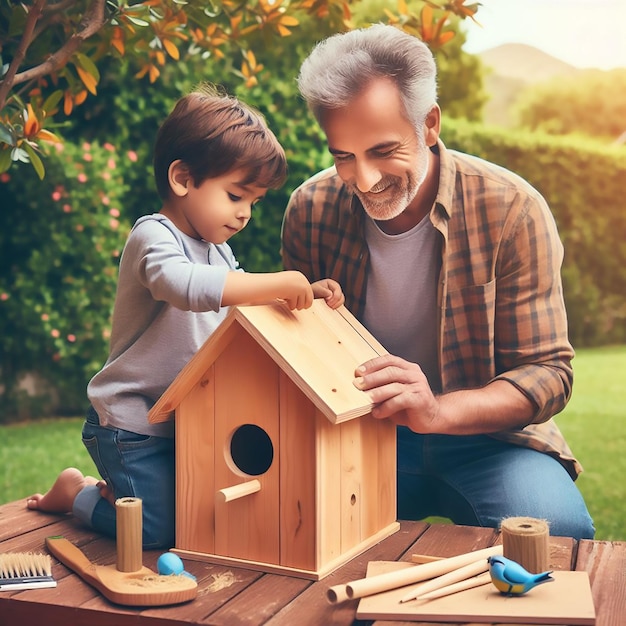 Fathers Day celebration father and child building a birdhouse together in the backyard generated ai