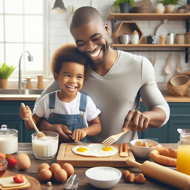 Photo fathers day celebration father and child cooking breakfast together in the kitchen generated ai