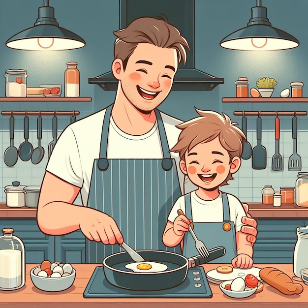 Fathers Day celebration father and child cooking breakfast together in the kitchen generated ai