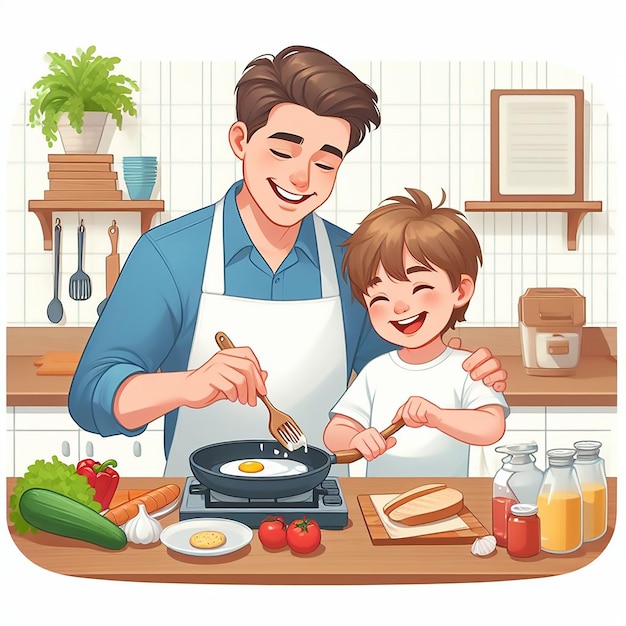 Photo fathers day celebration father and child cooking breakfast together in the kitchen generated ai