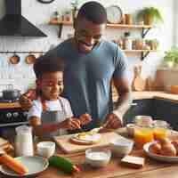 Photo fathers day celebration father and child cooking breakfast together in the kitchen generated ai