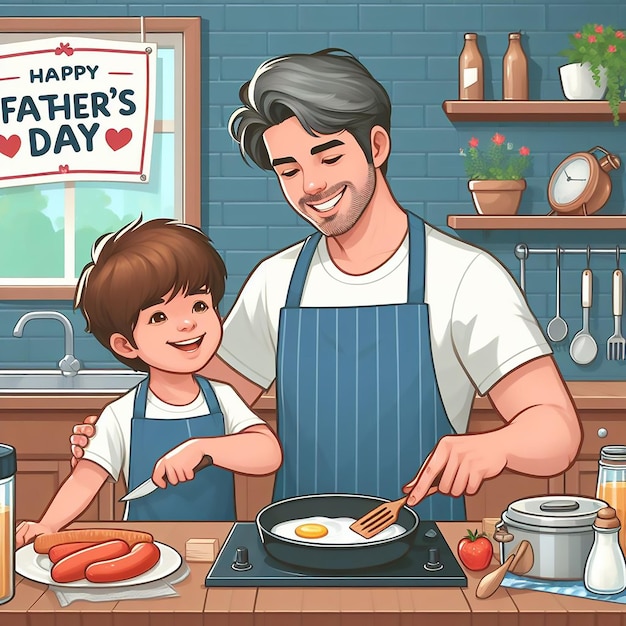 Fathers Day celebration father and child cooking breakfast together in the kitchen generated ai