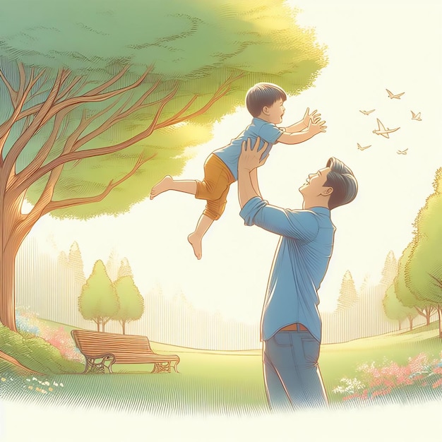 Празднование Дня отца отец и ребенок наслаждаются трогательным моментом в парке.