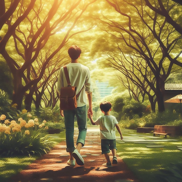 Fathers Day celebration father and child taking a leisurely stroll through a garden generated ai