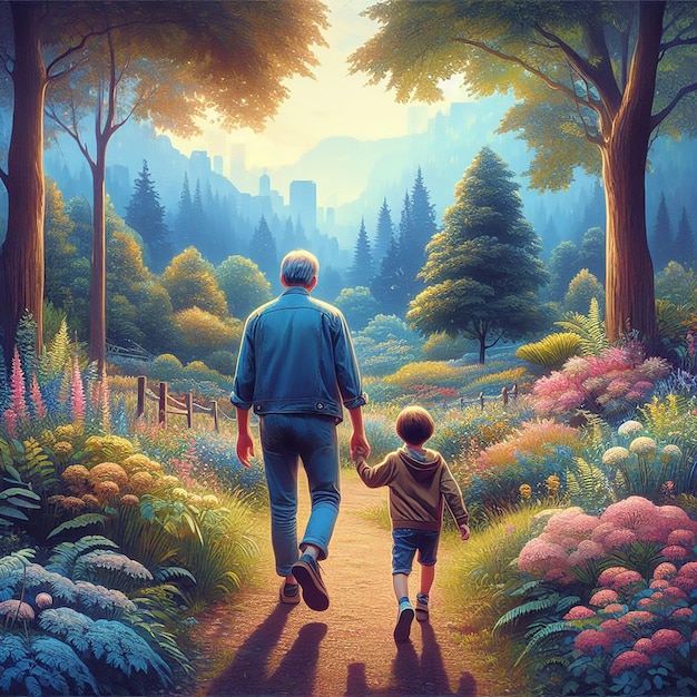 Fathers Day celebration father and child taking a leisurely stroll through a garden generated ai