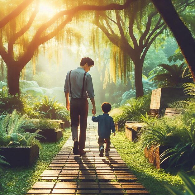 Photo fathers day celebration father and child taking a leisurely stroll through a garden generated ai