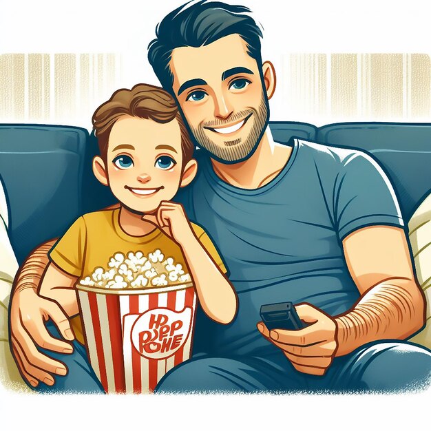 Fathers Day celebration father and child watching a movie together on evening generated AI