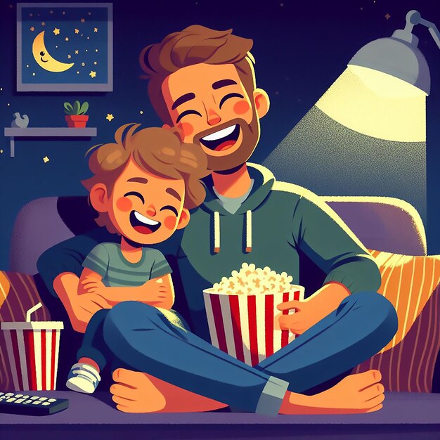 Fathers Day celebration father and child watching a movie together on evening generated AI