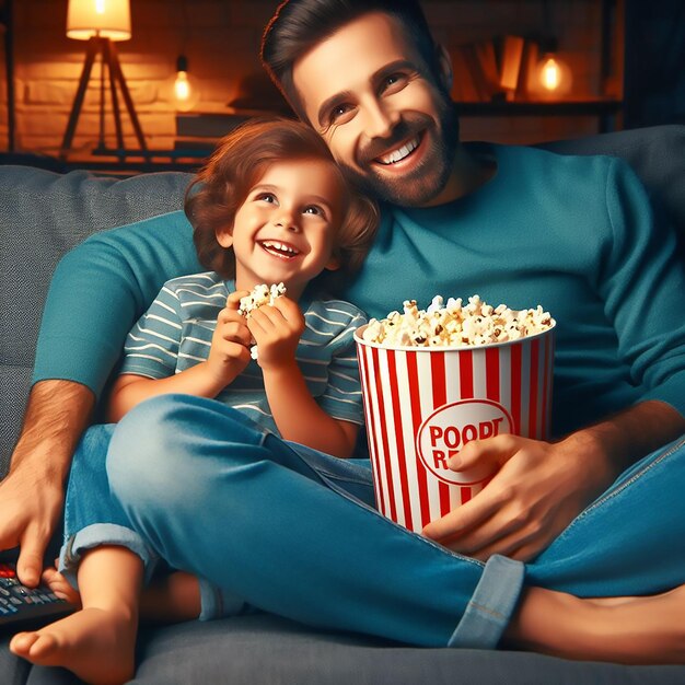 Fathers Day celebration father and child watching a movie together on evening generated AI