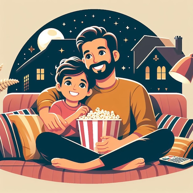 Fathers Day celebration father and child watching a movie together on evening generated AI