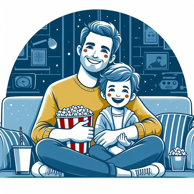 Fathers Day celebration father and child watching a movie together on evening generated AI