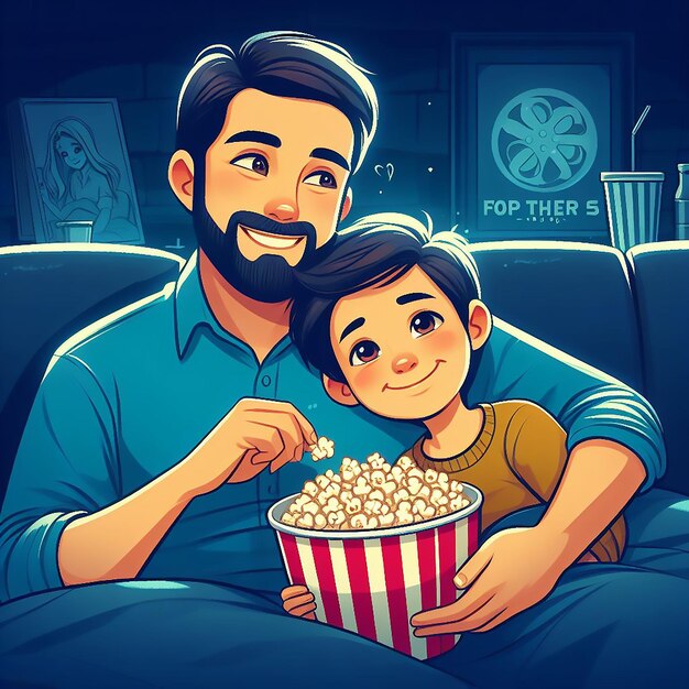 Fathers Day celebration father and child watching a movie together on evening generated AI