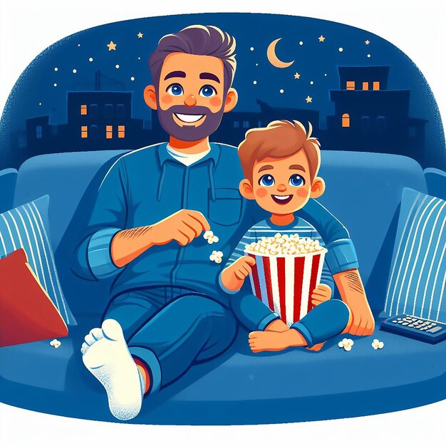 Fathers Day celebration father and child watching a movie together on evening generated AI