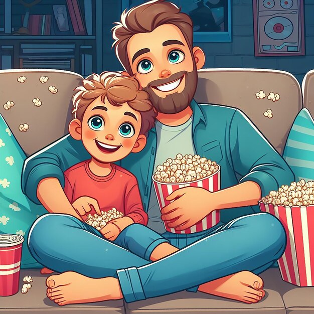 Празднование Дня отца отец и ребенок смотрят фильм вместе вечером, сгенерированный ИИ